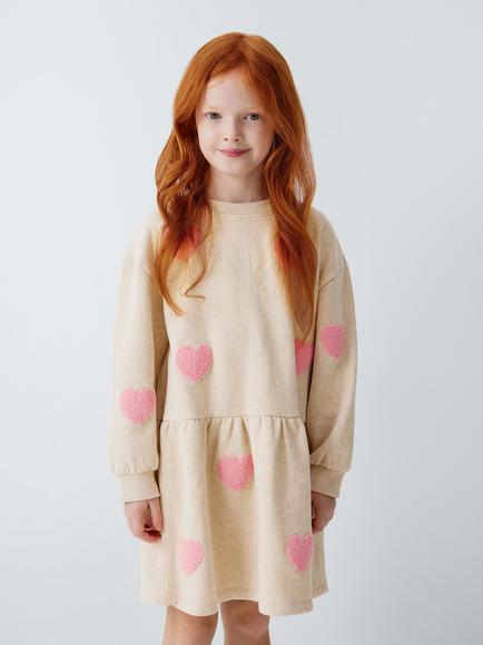 John Lewis Kids' Heart Embroidered Sweat Dress, Oatmeal, Oatmeal