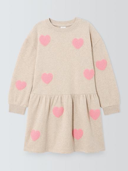 John Lewis Kids' Heart Embroidered Sweat Dress, Oatmeal, Oatmeal