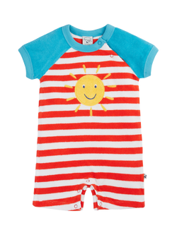 Frugi Baby Shore Towelling Short Romper, Papaya Stripe, Papaya Stripe