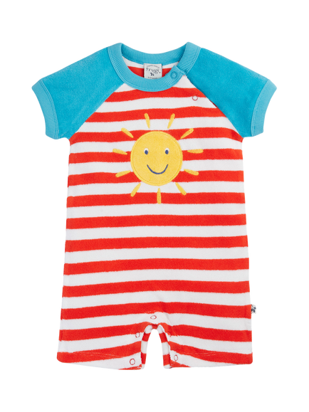 Frugi Baby Shore Towelling Short Romper, Papaya Stripe, Papaya Stripe
