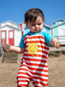 Frugi Baby Shore Towelling Short Romper, Papaya Stripe - view 2, Papaya Stripe