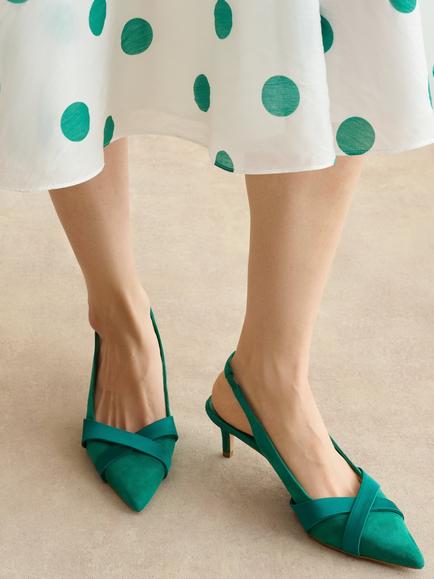 Hobbs Renee Suede and Satin Kitten Heel Slingback Court Shoes, Meadow Green - view 2, Meadow Green
