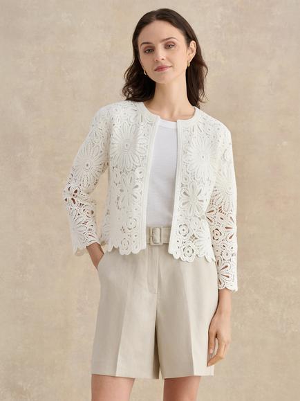 Hobbs Syon Crochet Knit Jacket, Navy, Ivory