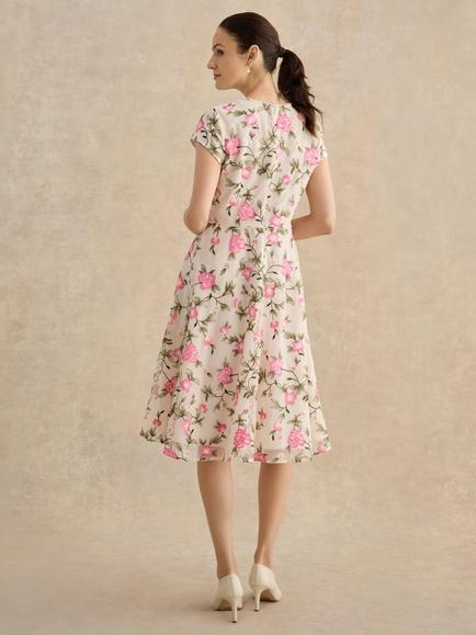 Hobbs Petite Tia Embroidered Floral Dress, Cream/Pink - view 2, Cream/Pink