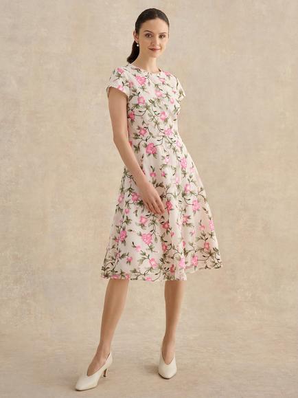 Hobbs Tia Embroidered Floral Dress, Cream/Pink, Cream/Pink