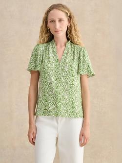 Hobbs Tania Flutter Sleeve Floral Top, Green/Ivory, Green/Ivory