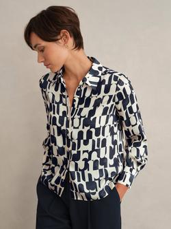 Hobbs Velma Geometric Long Sleeve Shirt, Navy/Cream, Navy/Cream