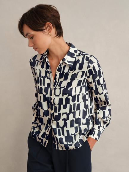 Hobbs Velma Geometric Long Sleeve Shirt, Navy/Cream, Navy/Cream
