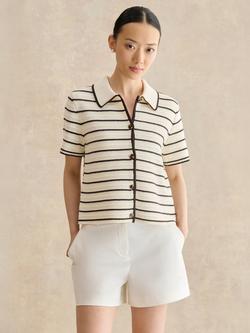 Hobbs Alderton Short Sleeve Striped Crochet Shirt, Ivory/Brown, Ivory/Brown