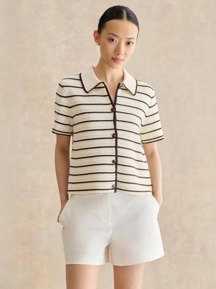 Hobbs Alderton Short Sleeve Striped Crochet Shirt, Ivory/Brown, Ivory/Brown