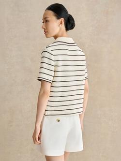 Hobbs Alderton Short Sleeve Striped Crochet Shirt, Ivory/Brown - view 2, Ivory/Brown