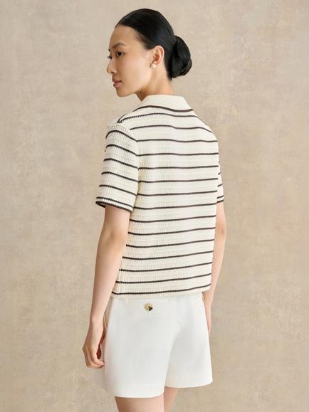 Hobbs Alderton Short Sleeve Striped Crochet Shirt, Ivory/Brown - view 2, Ivory/Brown