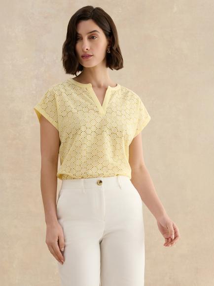 Hobbs Joanna Broderie Short Sleeve Top, Soft Yellow, Soft Yellow