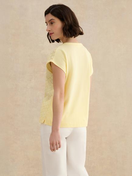 Hobbs Joanna Broderie Short Sleeve Top, Soft Yellow - view 2, Soft Yellow