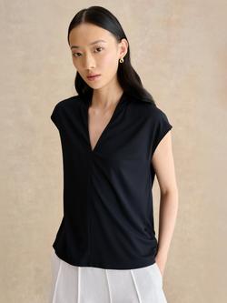 Hobbs Katie V-Neck Relaxed Fit Top containing LENZING™ ECOVERO™ Viscose, Navy, Navy