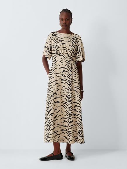 John Lewis Zebra Print Short Sleeve Crepe Midi Dress, Zebra, Zebra