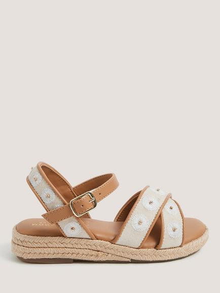 Monsoon Kids' Floral Espadrille Wedge Sandals, Brown/Cream, Brown/Cream