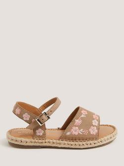 Monsoon Kids'  Floral Embroidered Espadrille Sandals, Brown/Pink, Brown/Pink