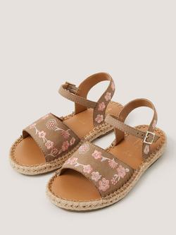 Monsoon Kids'  Floral Embroidered Espadrille Sandals, Brown/Pink - view 2, Brown/Pink