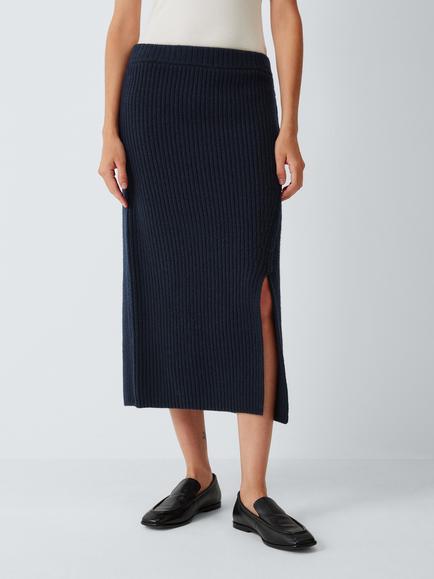 John Lewis Wool Rich Rib Knit Midi Skirt, Navy, Navy