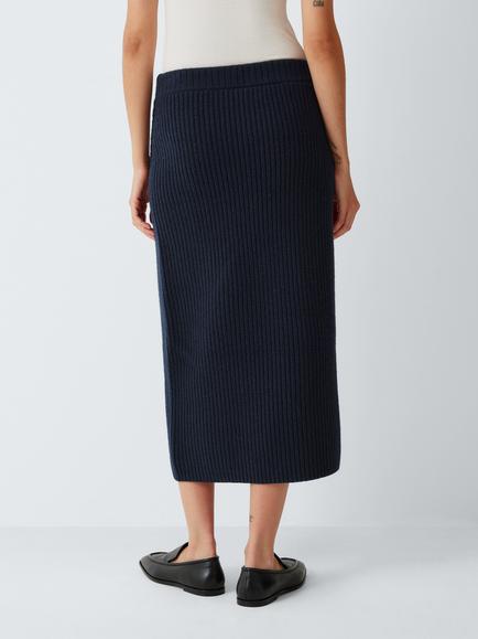 John Lewis Wool Rich Rib Knit Midi Skirt, Navy - view 2, Navy