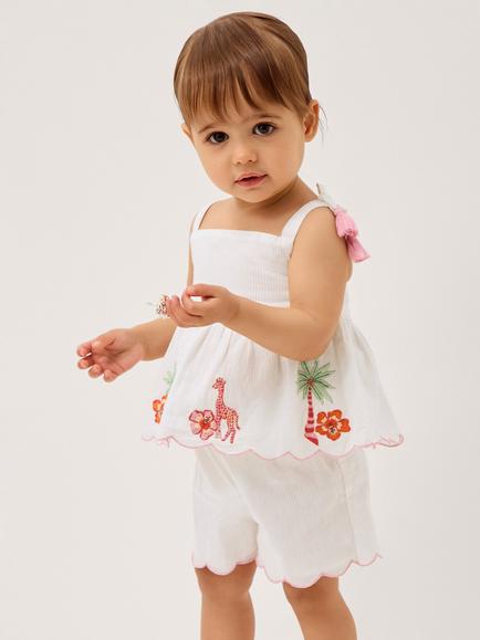 Monsoon Baby Giraffe Embroidered Top and Shorts Set, Ivory, Ivory