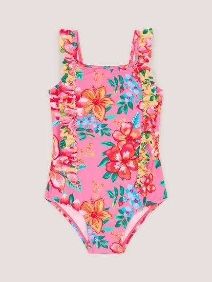 Monsoon Baby Tropic Print Frill Swimsuit, Multi, Multi