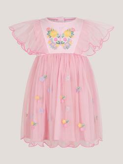 Monsoon Baby Tulle Short Sleeve Butterfly Dress, Pink/Multi, Pink/Multi