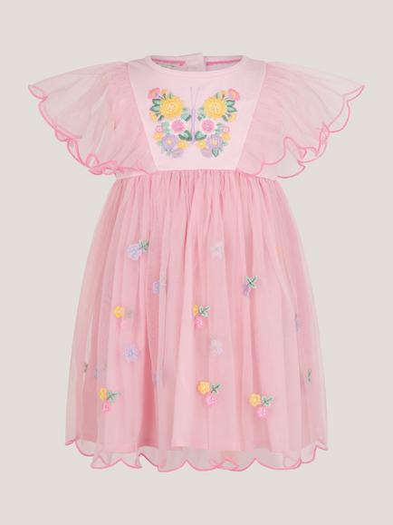 Monsoon Baby Tulle Short Sleeve Butterfly Dress, Pink/Multi, Pink/Multi