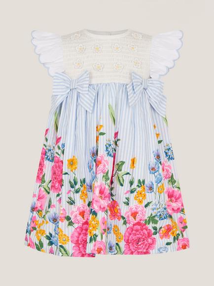 Monsoon Baby Cotton Frill Sleeve Floral Dress, Multi, Multi