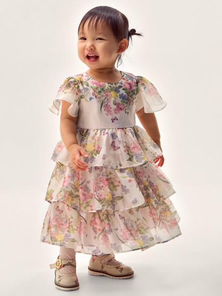 Monsoon Baby Flutter Sleeve Tiered Party Dress, Pink/Multi, Pink/Multi