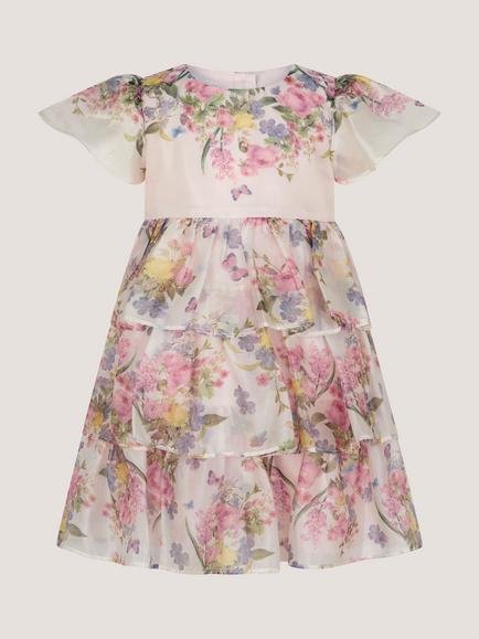 Monsoon Baby Flutter Sleeve Tiered Party Dress, Pink/Multi - view 2, Pink/Multi