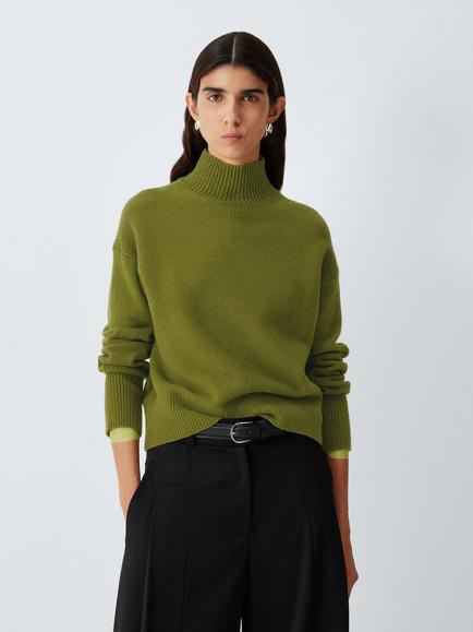 John Lewis Soft Cotton Blend Turtle Neck Jersey Top, Olive