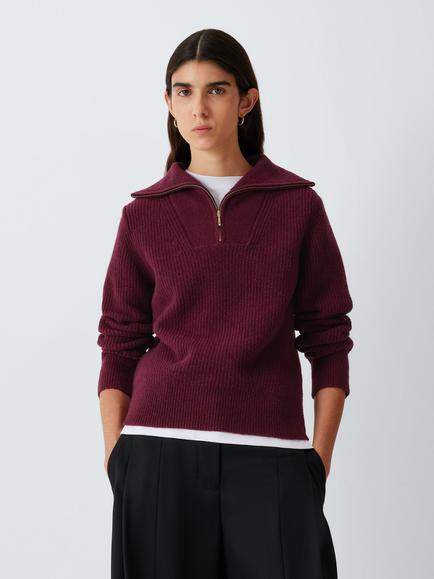 John Lewis Zip Neck Soft Cotton Blend Jumper, Fig