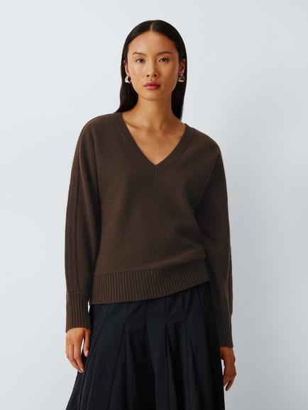 John Lewis Wool Blend V-Neck Jumper, Chocolate