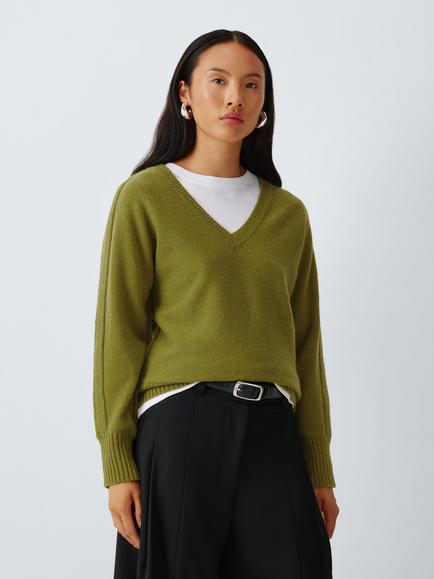 John Lewis Wool Blend V-Neck Jumper, Olive