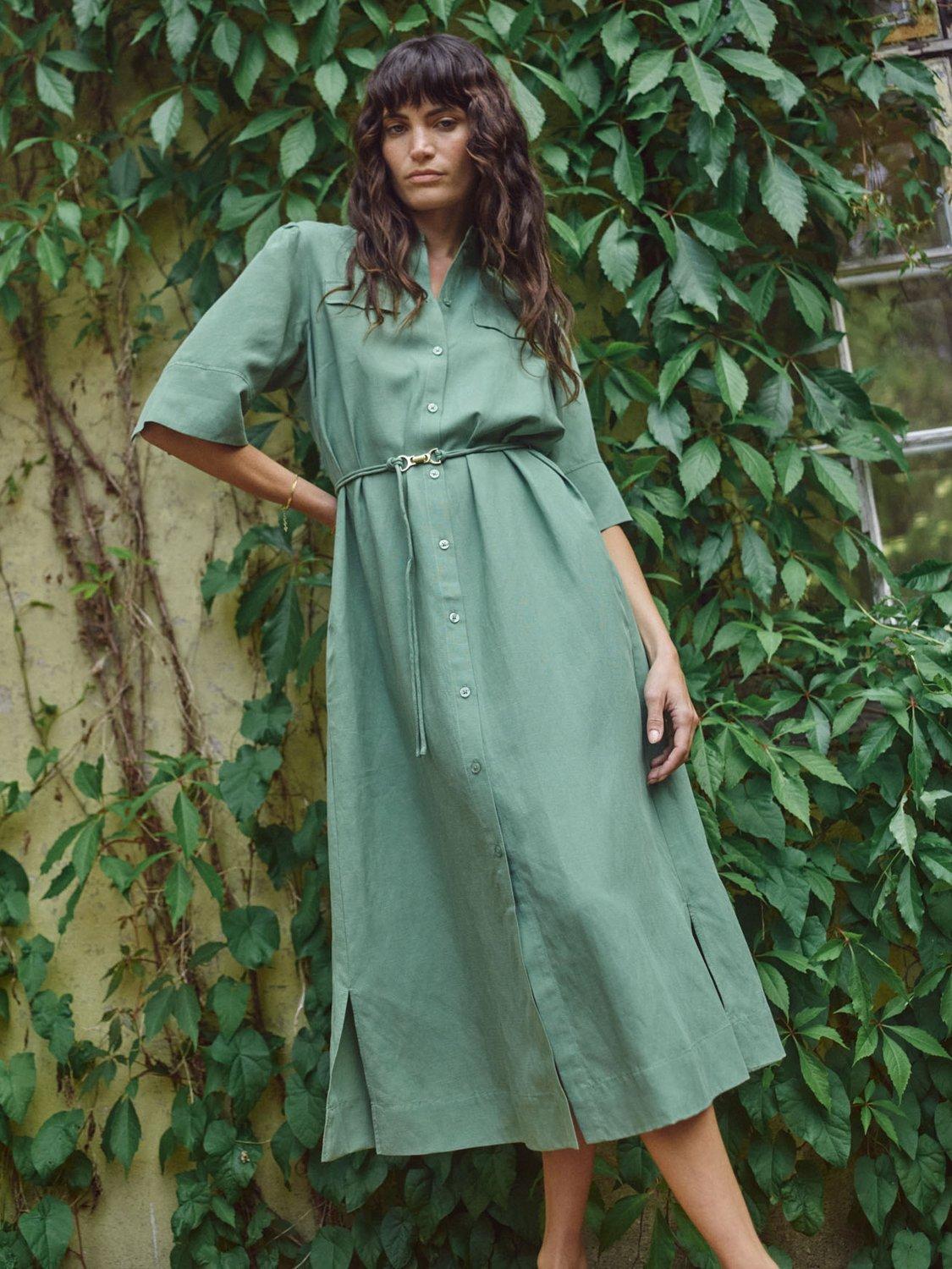 トップス kakinoha maatee&sons Loose Dress Shirt MOS MOSH Rayas Alexi Tie Waist Shirt Dress, Turf Green
