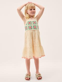Monsoon Kids' Crochet Broderie Sleeveless Dress, Cream/Multi, Cream/Multi