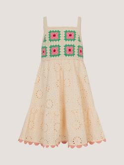 Monsoon Kids' Crochet Broderie Sleeveless Dress, Cream/Multi - view 2, Cream/Multi