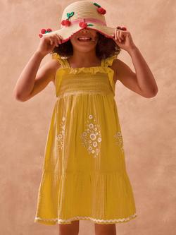 Monsoon Kids' Flora Embroidered Frill Dress, Yellow, Yellow