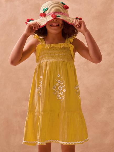 Monsoon Kids' Flora Embroidered Frill Dress, Yellow, Yellow