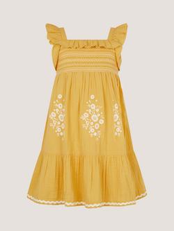 Monsoon Kids' Flora Embroidered Frill Dress, Yellow - view 2, Yellow
