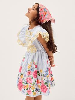 Monsoon Kids' Short Sleeve Floral Stripe Broderie Dress, Multi, Multi