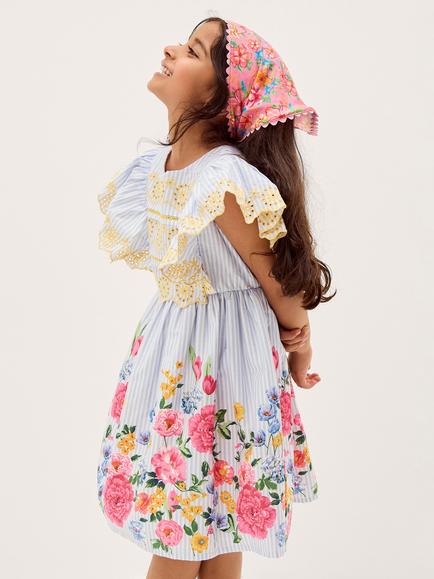Monsoon Kids' Short Sleeve Floral Stripe Broderie Dress, Multi, Multi