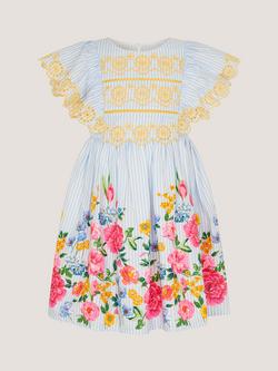 Monsoon Kids' Short Sleeve Floral Stripe Broderie Dress, Multi - view 2, Multi