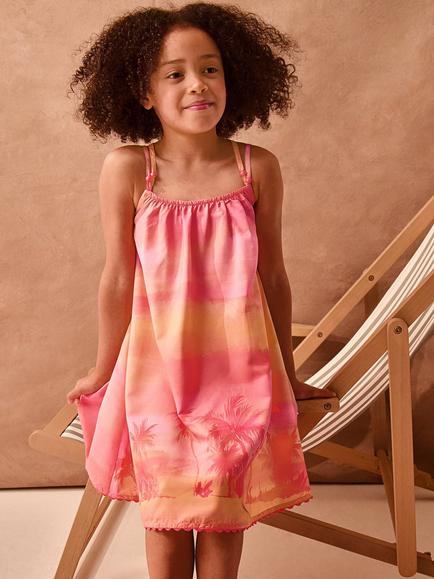 Monsoon Kids' Sleeveless Palm Beach Dress, Orange/Pink, Orange/Pink