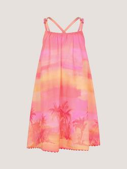 Monsoon Kids' Sleeveless Palm Beach Dress, Orange/Pink - view 2, Orange/Pink