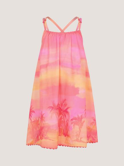 Monsoon Kids' Sleeveless Palm Beach Dress, Orange/Pink - view 2, Orange/Pink