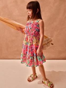 Monsoon Kids' Tropical Flower Print Scallop Trim Dress, Pink, Pink