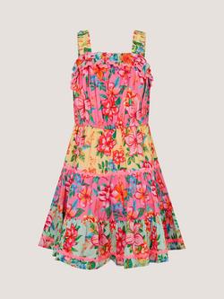 Monsoon Kids' Tropical Flower Print Scallop Trim Dress, Pink - view 2, Pink